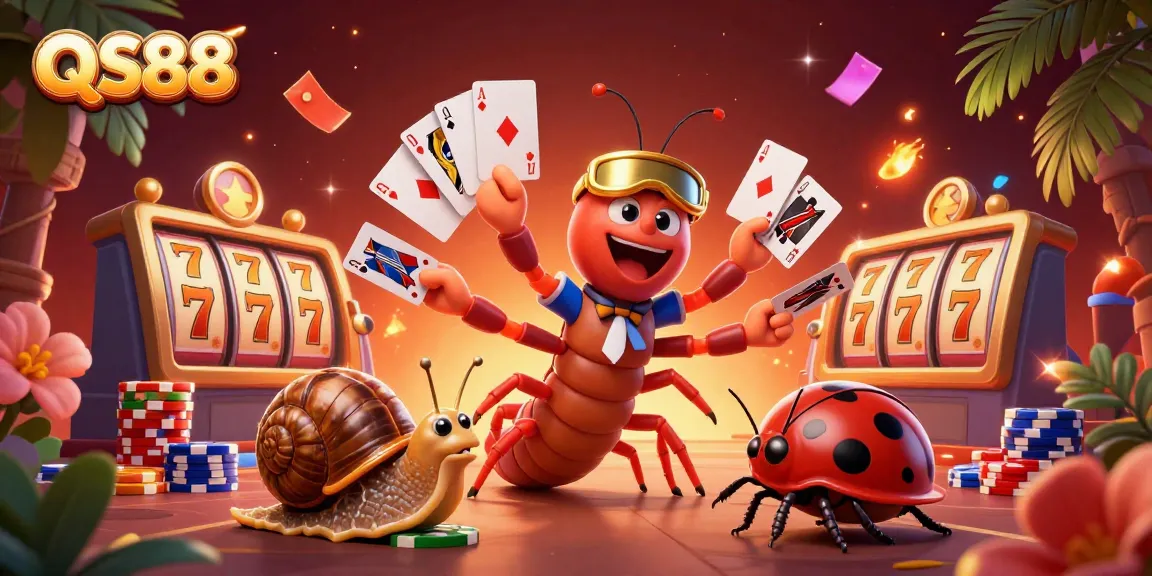 Engage with QS88's thrilling casino atmosphere, featuring a whimsical dealer and stacked chips.