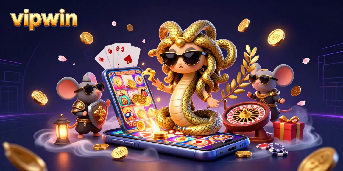 Engage with vipwin's vibrant world as the Medusa character and warrior mouse celebrate casino excitement.