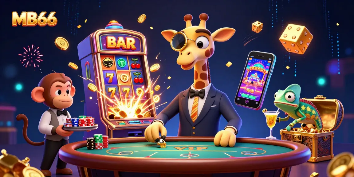 Embark on thrilling bets with MB66 in a vibrant 3D casino scene featuring a high-roller giraffe and vibrant game elements.