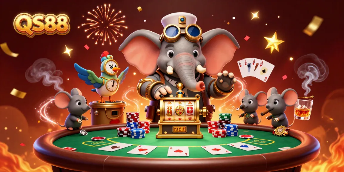 Engage in exciting gameplay at QS88 with a vibrant scene of a steampunk elephant and dynamic casino elements.