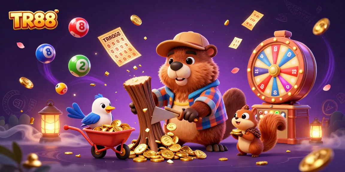 Engage with TR88's vibrant casino scene featuring animated characters collecting golden coins.