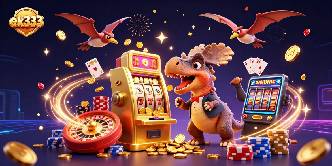ek333 casino scene with cartoon dinosaurs enjoying a jackpot payout at a slot machine.