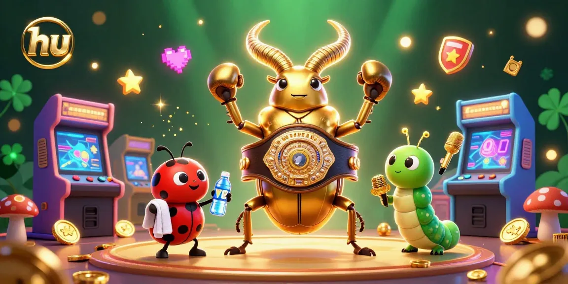 Join the fun at hu casino games with a golden stag beetle champion, vibrant arcade elements, and live betting excitement.