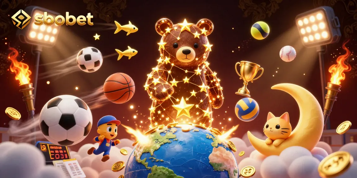 SboBet sports betting scene with dynamic sports balls and constellation bear reaching for coins
