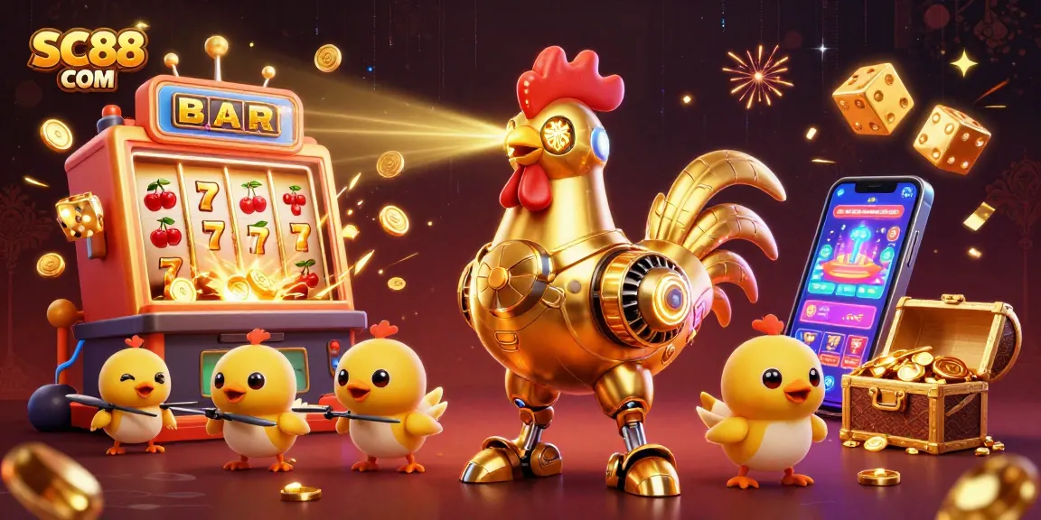 Join the excitement at SC88 COM with a 3D golden rooster robot and baby chick drones amidst vibrant casino elements.