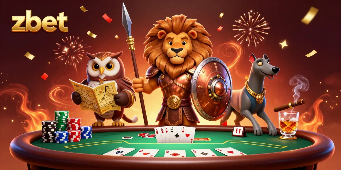 Experience zbet's thrilling poker showdown with epic characters in a dynamic casino scene.