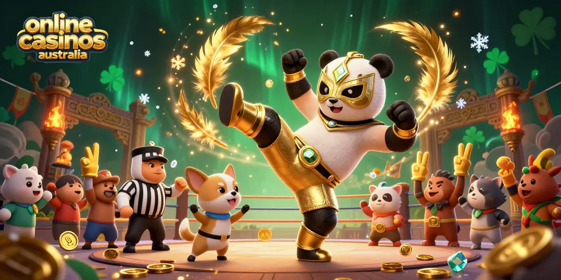 Experience the excitement of online casinos Australia with a panda wrestler and animal crowd.