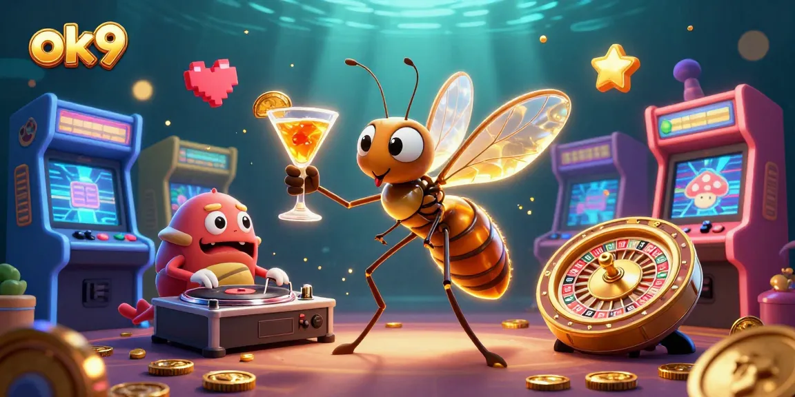 Engage with ok9's vibrant casino scene featuring a lively mascot, DJ, and roulette wheel amidst dynamic gaming elements.