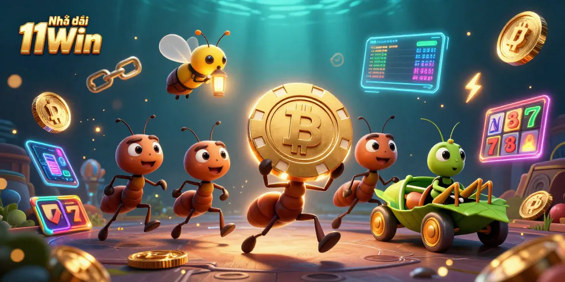Nhà cái 11Win shows ants heisting a giant poker chip amidst a vibrant casino-themed background.