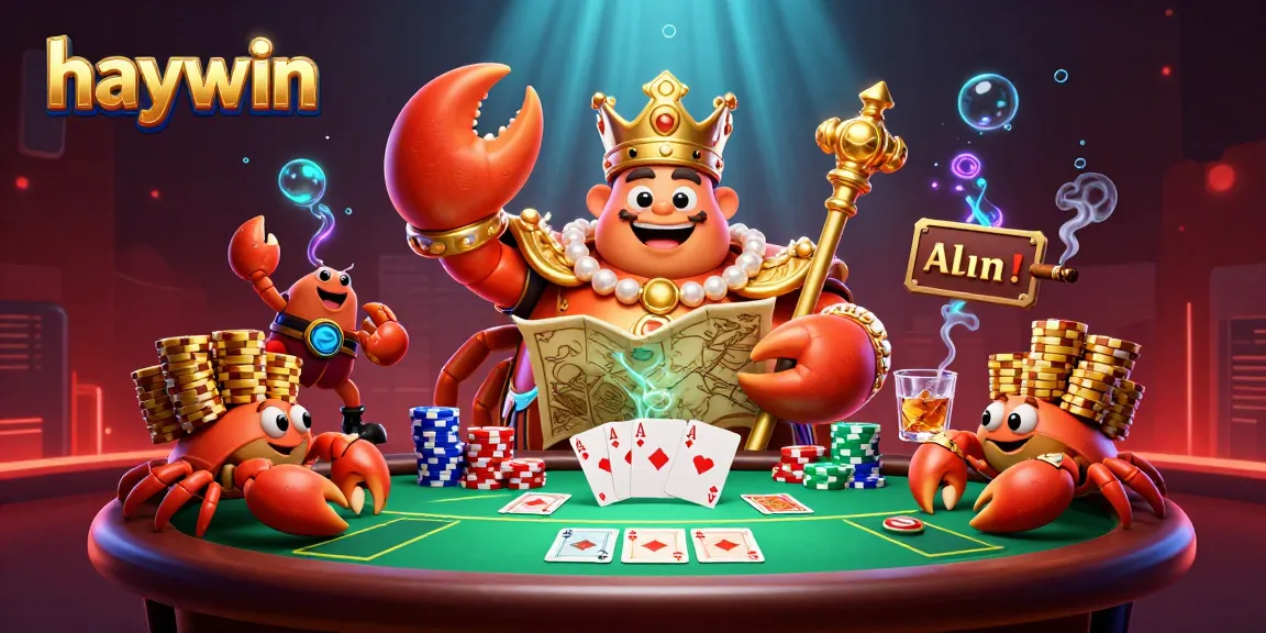 Experience the vibrant gaming atmosphere with haywin's 3D illustrated golden crab emperor at a poker table.